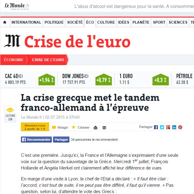 Le Monde: Η ελληνική κρίση “δοκιμάζει” το γαλλογερμανικό δίδυμο