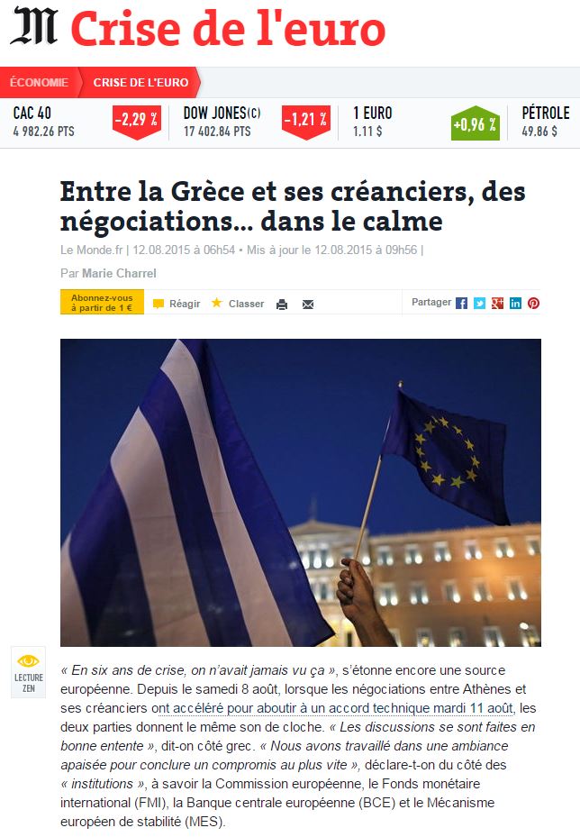 Le Monde: Συμφωνία σε… ατμόσφαιρα ηρεμίας