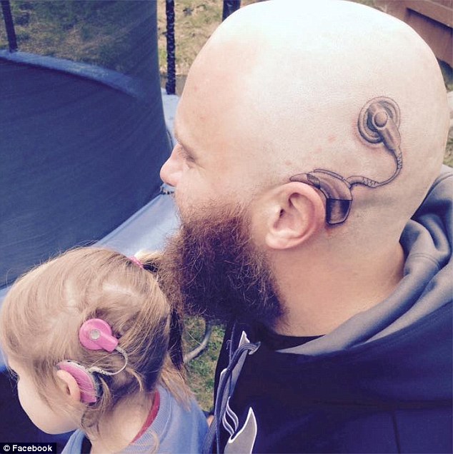 Father Alistair Campbell got a tattoo of a cochlear implant on his head to show his support for daughter Charlotte, six, who is forced to wear two of the devices to combat her profound deafness