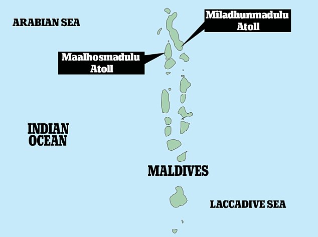 Find that 'changes everything': Locals claim that debris from the missing MH370 jet washed up on three islands in the Maalhosmadulu Atoll and the Miladhunmadulu Atoll (pictured). The Maldives are located in the Indian Ocean, southwest of India