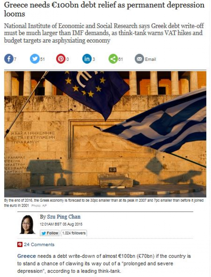 Telegraph: Κούρεμα χρέους 100 δισ. ευρώ θα χρειαστεί η Ελλάδα