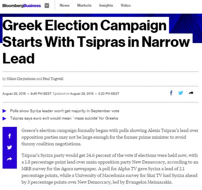 Bloomberg: Με μικρό προβάδισμα Τσίπρα ξεκινά η προεκλογική εστρατεία στην Ελλάδα
