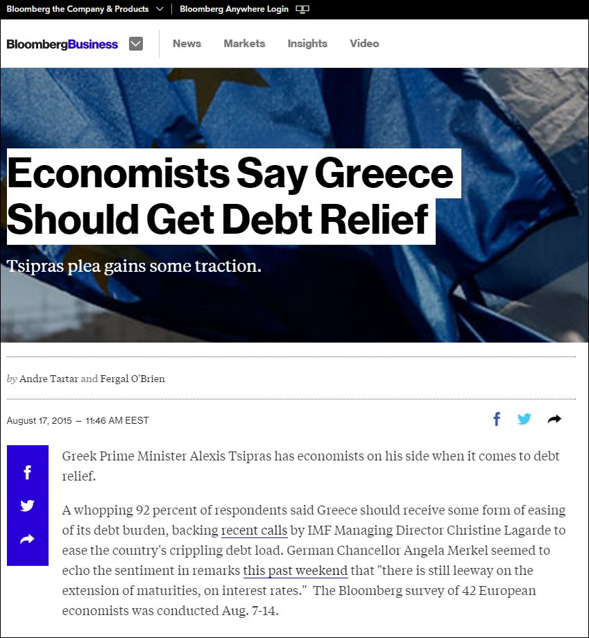 Bloomberg: Yπέρ της ελάφρυνσης του ελληνικού χρέους το 92% των οικονομολόγων