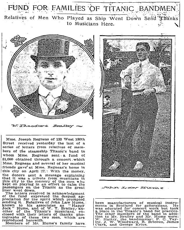 This newspaper article from more than 100 years ago shows how funds were being raised for a memorial for the band members lost at sea