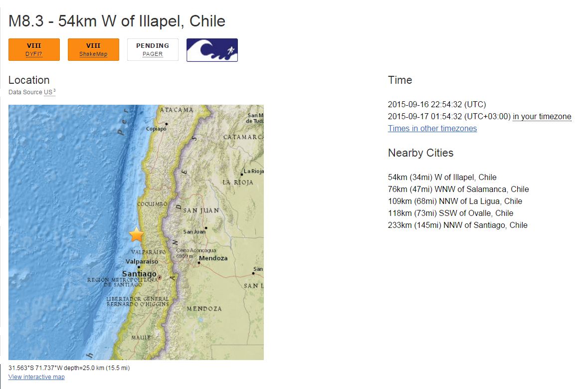USGS: Στα 8,3 Ρίχτερ ο σεισμός στη Χιλή
