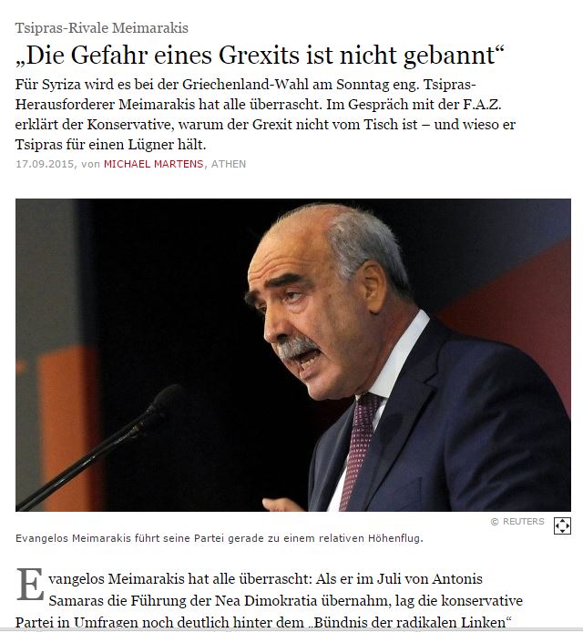 Ο Μεϊμαράκης στη FAZ: Ο κίνδυνος του Grexit δεν έχει εκλείψει