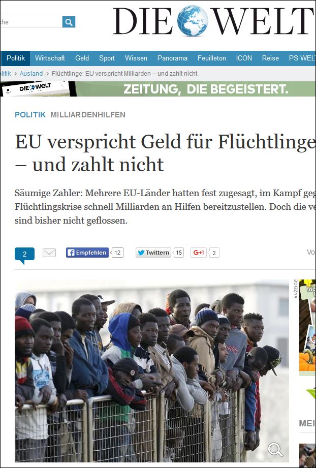 Welt: Η ΕΕ υπόσχεται χρήματα για τους πρόσφυγες αλλά δεν τα δίνει
