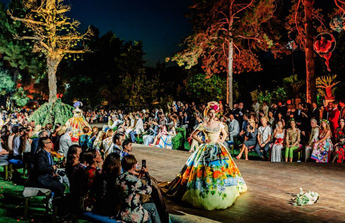 This year’s Alta Moda collection—made-to-measure couture by Domenico Dolce and Stefano Gabbana—was inspired by Homer, Dante, and “A Midsummer Night’s Dream.” The show was held in a glade overlooking Portofino’s bay.
