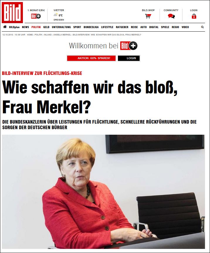 Μέρκελ στη Bild: Δεν θα φιλοξενούσα πρόσφυγες στο σπίτι μου