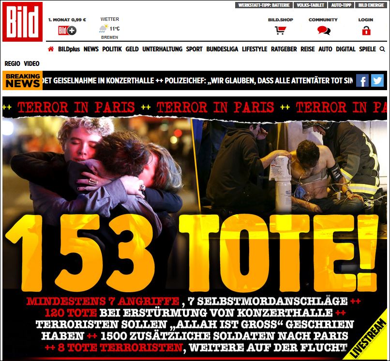 Τα πρωτοσέλιδα του γερμανικού Τύπου για τη φρίκη στο Παρίσι