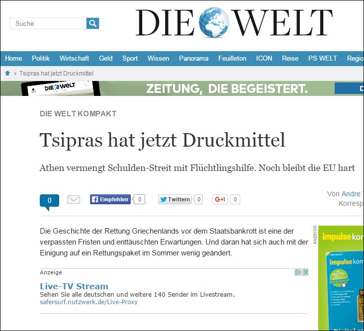 Welt: Χάρη στο προσφυγικό, ο Τσίπρας έχει πάλι το πάνω χέρι
