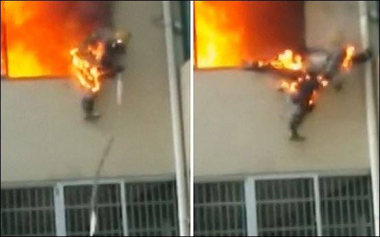 Ο πυροσβέστης έπιασε φωτιά και σώθηκε μετά από μια θεαματική πτώση – ΒΙΝΤΕΟ