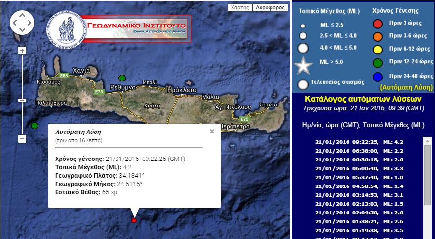 Σεισμός 4,2 Ρίχτερ νότια της Κρήτης – ΤΩΡΑ
