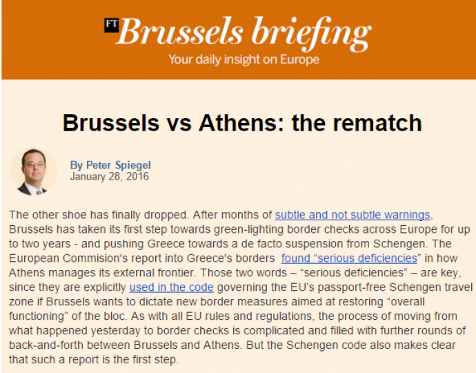 Peter Spiegel: Η ΕΕ σπρώχνει την Ελλάδα σε de facto έξοδο από την Σένγκεν