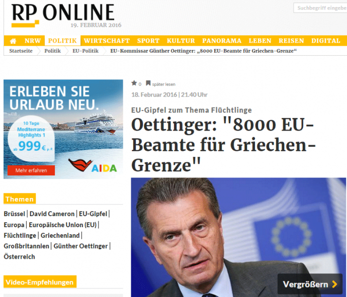 Έτινγκερ: Να στείλουμε 8.000 συνοριοφύλακες στην Ελλάδα