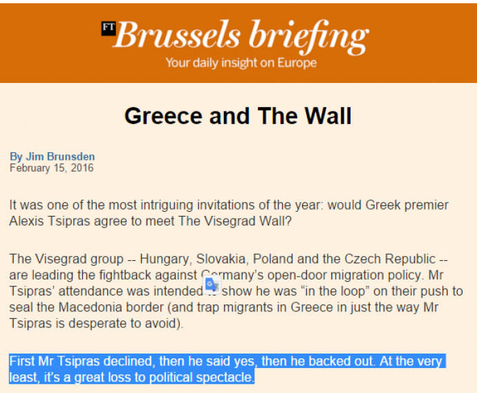 FT: Άρνηση Τσίπρα στην πρόσκληση της «Ομάδας Βίσεγκραντ» για κλείσιμο συνόρων