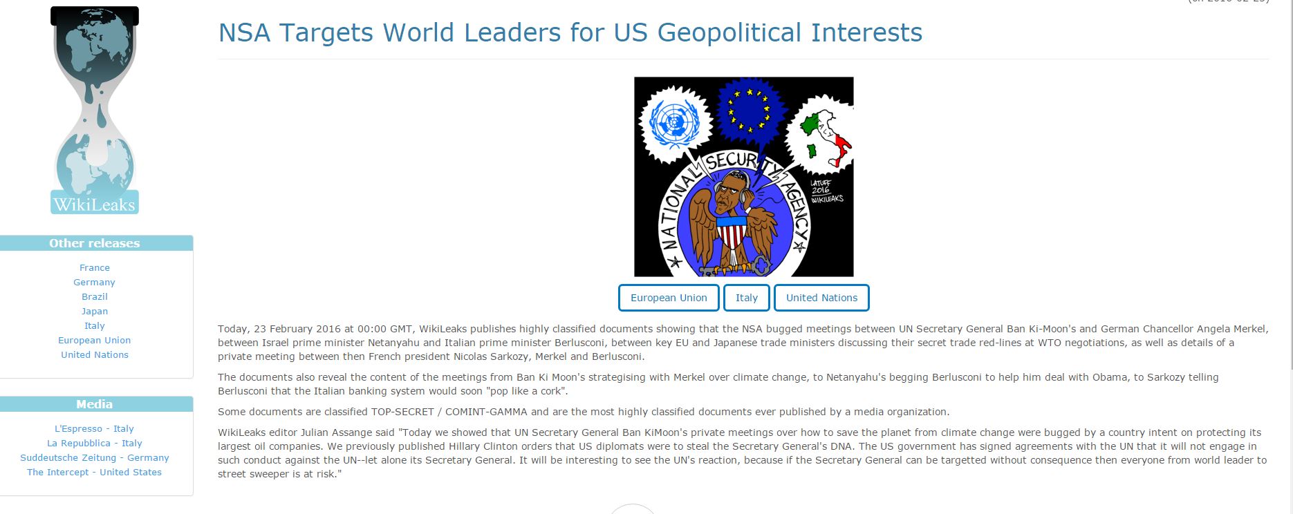Wikileaks: Η NSA «παρακολουθούσε» Μέρκελ, Μπερλουσκόνι, Νετανιάχου και Μπαν Γκι-μουν