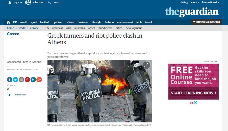 Ο Guardian για τα επεισόδια έξω από το υπουργείο Αγροτικής Ανάπτυξης
