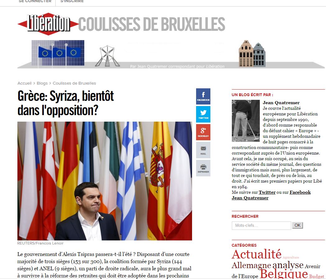 Liberation: «Ελλάδα: Ο ΣΥΡΙΖΑ σύντομα στην αντιπολίτευση;»