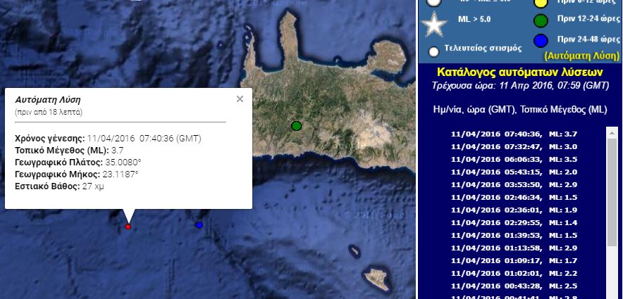 Ασθενής σεισμική δόνηση 3,7 Ρίχτερ ανοιχτά της Κρήτης