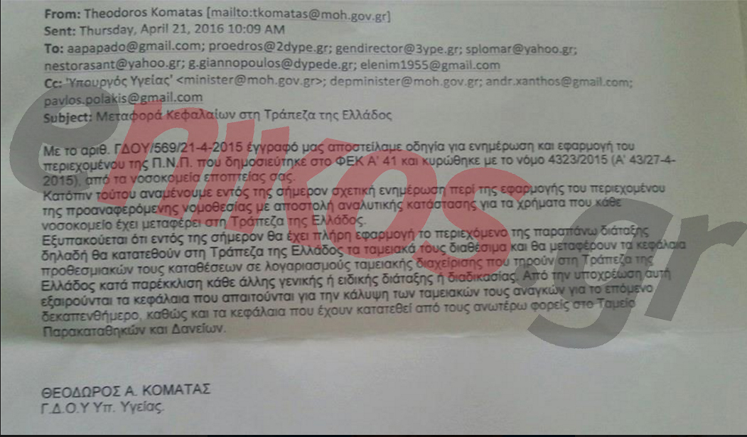 Αυτό είναι το email με το οποίο ζητούν τα ταμειακά διαθέσιμα από τα νοσοκομεία