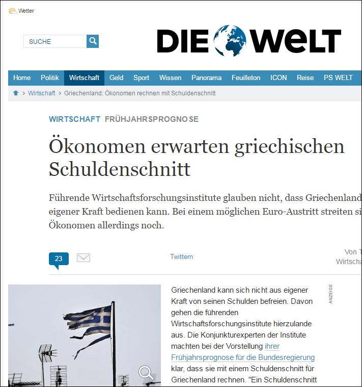 Die Welt: Το κούρεμα του ελληνικού χρέους είναι αναπόφευκτο