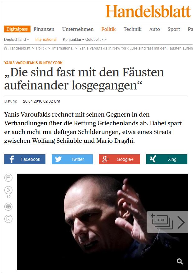 Handelsblatt: Σόιμπλε και Ντράγκι κόντεψαν να πιαστούν στα χέρια, λέει ο Βαρουφάκης