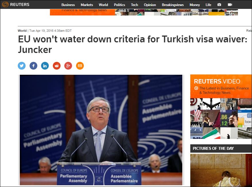 Γιούνκερ: Η ΕΕ δεν θα “χαλαρώσει” τα κριτήρια για τη βίζα στους Τούρκους