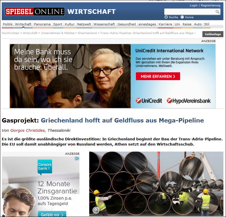 Spiegel: H Ελλάδα ελπίζει σε χρήματα από τον αγωγό TAP