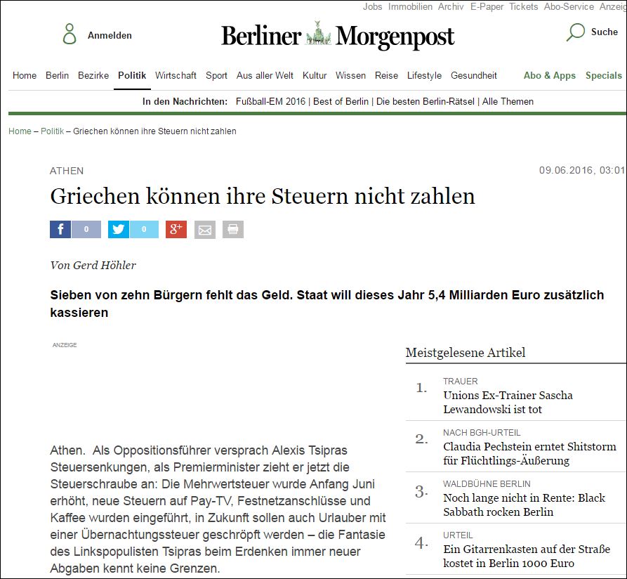 Berliner Morgenpost: Οι Έλληνες δεν μπορούν να πληρώσουν τους φόρους τους