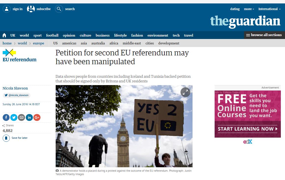 Guardian: Ψεύτικες υπογραφές στο αίτημα για δεύτερο δημοψήφισμα για το Brexit