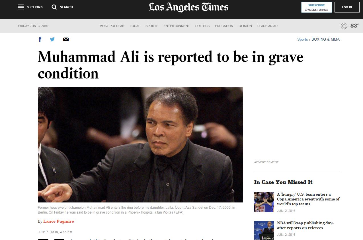 Σε σοβαρή κατάσταση ο Μοχάμεντ Άλι