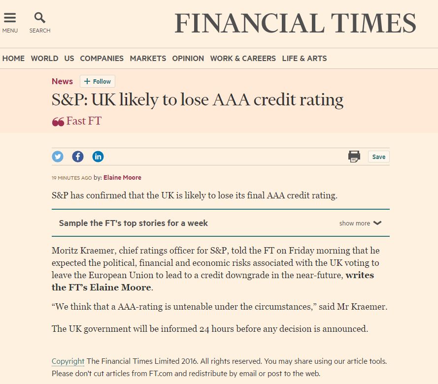 S&P: Το Ηνωμένο Βασίλειο ίσως χάσει την αξιολόγηση ΑΑA