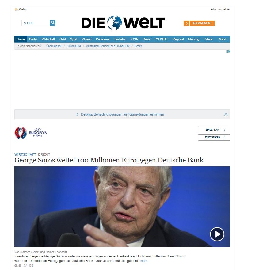 Die Welt: O Σόρος στοιχηματίζει 100 εκατ. ευρώ κατά της Deutsche Bank και κερδίζει