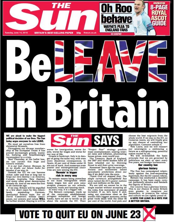 Πρωτοσέλιδο “ναι” στο Brexit η Sun
