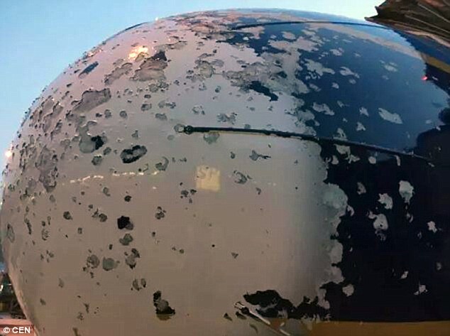The nose of the plane had most of its paint stripped off by the hailstones with the metallic bodywork showing