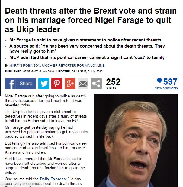 Ο Φάρατζ παραιτήθηκε γιατί δεχόταν απειλές για τη ζωή του