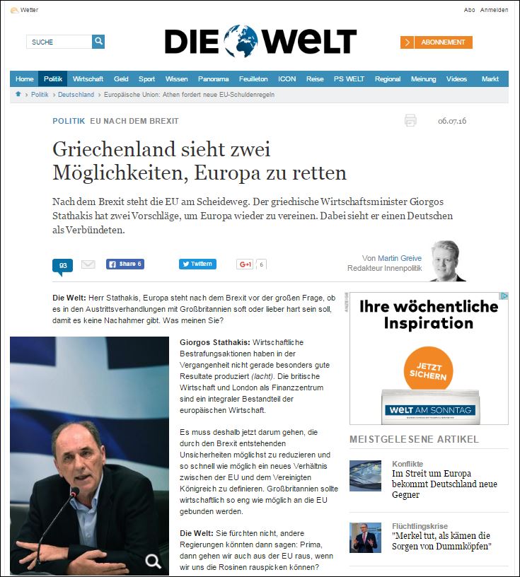 Σταθάκης στη Welt: Υψηλό το πολιτικό κόστος της λιτότητας