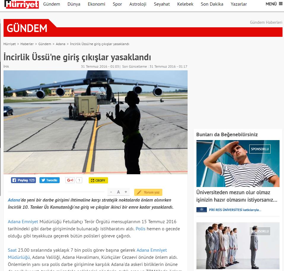 Hurriyet – Συναγερμός στο Ιντσιρλίκ μετά από πληροφορία για νέα απόπειρα πραξικοπήματος