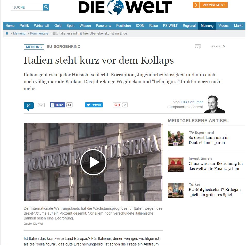 Welt: H Iταλία βρίσκεται στα πρόθυρα της κατάρρευσης