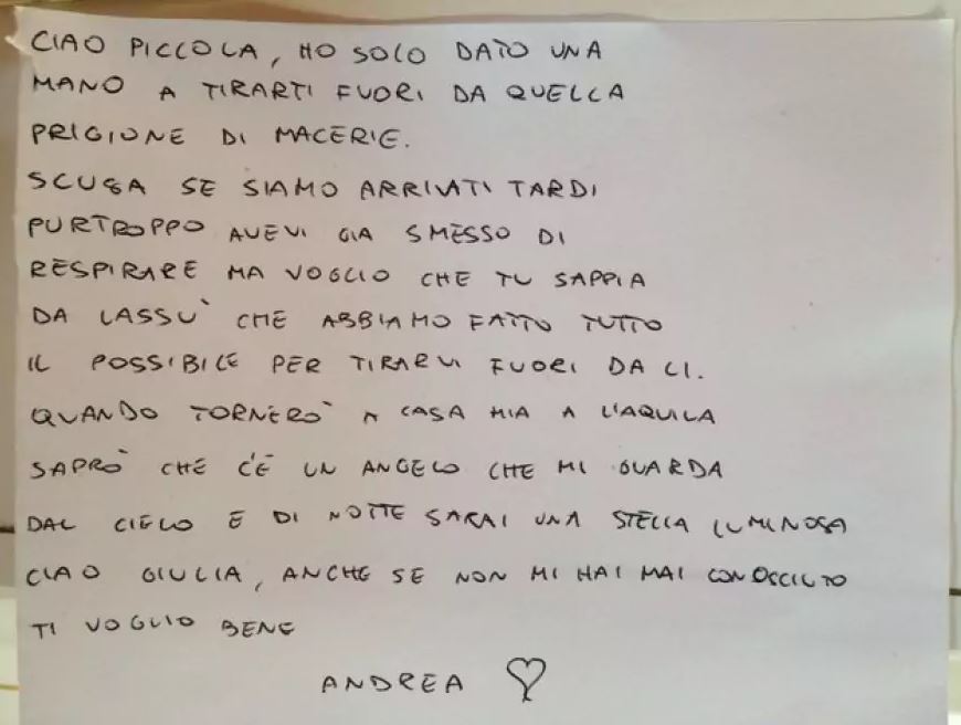 Το συγκλονιστικό γράμμα του πυροσβέστη στην 9χρονη που έχασε τη ζωή της στον σεισμό της Ιταλίας – ΦΩΤΟ