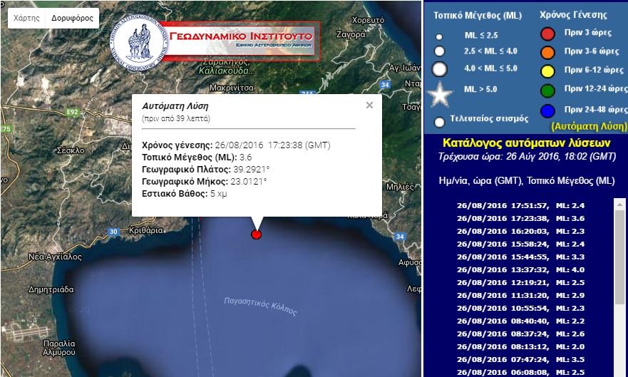 Ασθενής σεισμική δόνηση 3,6 Ρίχτερ στον Βόλο