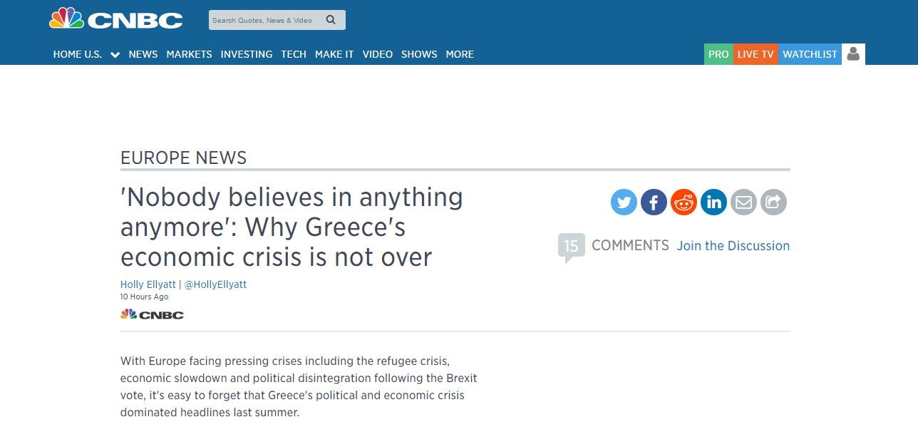 CNBC: Γιατί η οικονομική κρίση στην Ελλάδα δεν έχει τελειώσει