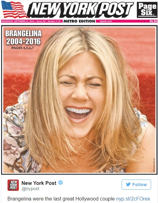 H χαμογελαστή Άνιστον στο εξώφυλλο της New York Post