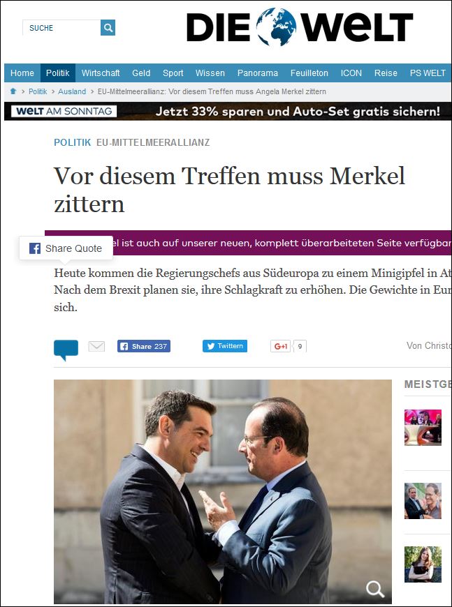 Η Welt για τη σύνοδο στην Αθήνα: Η Μέρκελ πρέπει να τρέμει…