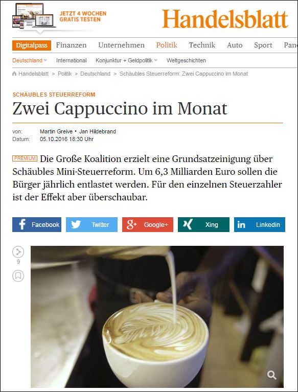 Handelsblatt: Ο Σόιμπλε δίνει στους Γερμανούς… δύο καπουτσίνο τον μήνα