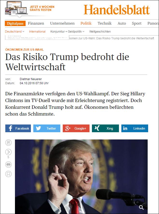 Handelsblatt: Kίνδυνος για την παγκόσμια οικονομία ο Τραμπ