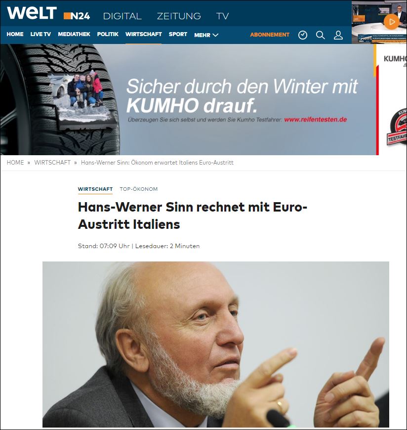 Ο γνωστός Γερμανός οικονομολόγος που προβλέπει: H έξοδος της Ιταλίας από την ευρωζώνη είναι θέμα χρόνου