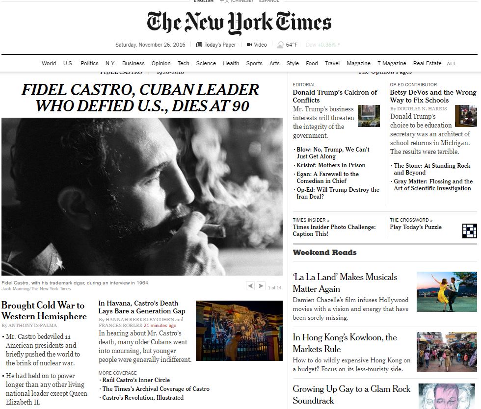 NY Times: Ο Κάστρο σημάδεψε τα γεγονότα του 20ου αιώνα