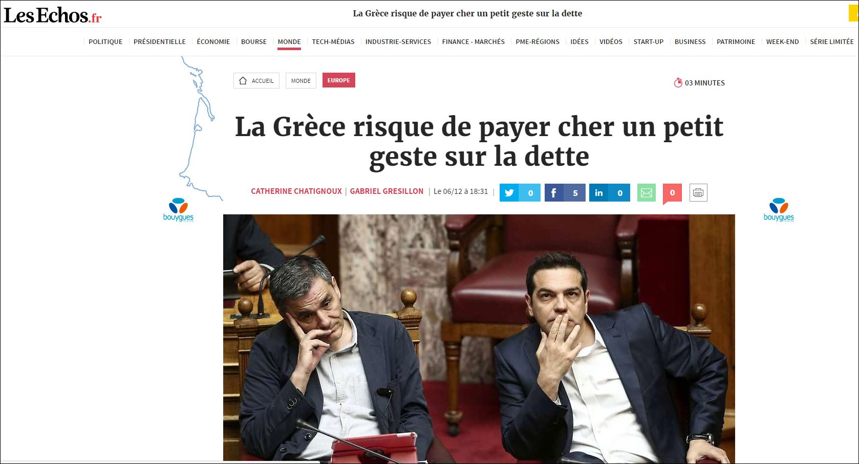 Les Echos: Η Ελλάδα κινδυνεύει να πληρώσει ακριβά την μικρή χειρονομία για το χρέος